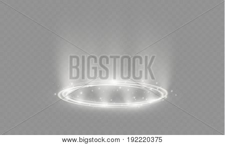 Circular lens flare transparent light effect. Abstract cross ellipse. Rotational glow line. Power energy. Glowing ring trace background. Round shiny frame. Vector circle. Magic sparkling swirl trail