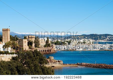 Mediterranean coast located in the south east of France near the village of Theoule. On the horizon the snow on southern Alps