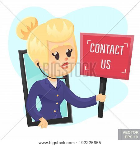 Call Center Help Design Beautiful Funny Woman Holding Sign Contact Us Vector Cartoon Illustration