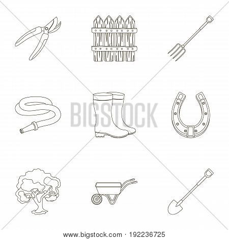 Set of pictures about gardening. Village, vegetable garden, garden, ecology.Farm and Gardening icon in set collection on outline style vector symbol stock web illustration.