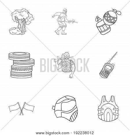 A collection of pictures about the game in paintball. The balloons with paint.Paintball icon in set collection on outline style vector symbol stock web illustration.
