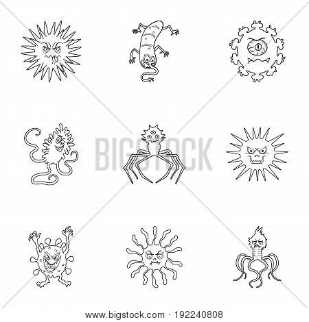 A set of pictures about bacteria and viruses. Germs that are harmful to humans. viruses and bacteria icon in set collection on outline style vector symbol stock web illustration.