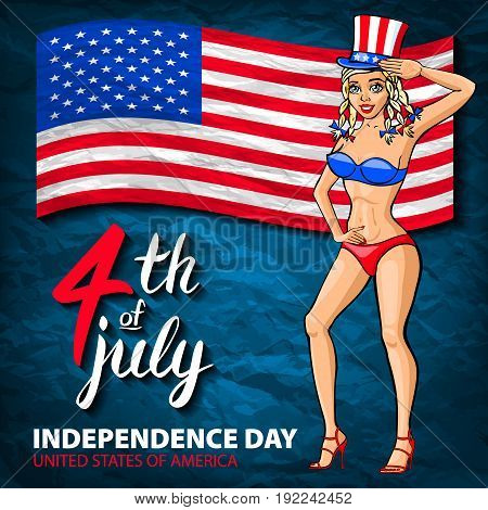 Illustration Of A Us Pin Girl, Fourth Of July Celebrating Independence Day Vector Poster. 4Th Of Jul