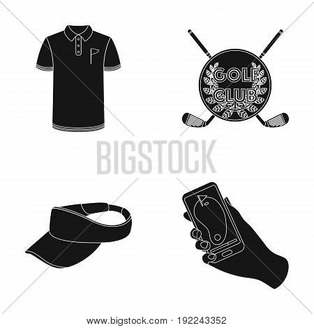 Emblem of the golf club, cap with a visor, golfer shirt, phone with a navigator.Golf club set collection icons in black style vector symbol stock illustration .