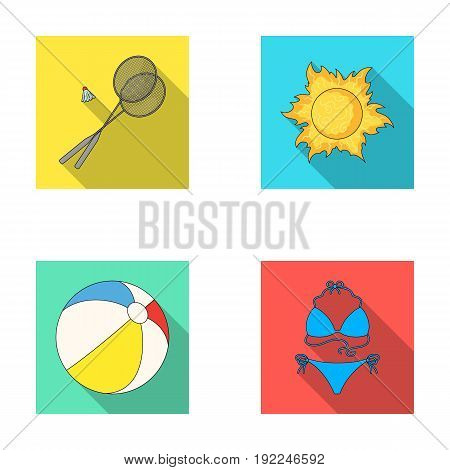 A game of badminton, a ball and the sun.Summer vacation set collection icons in flat style vector symbol stock illustration .