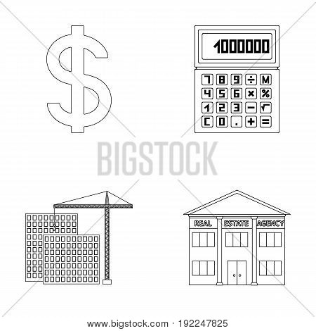 Calculator, dollar sign, new building, real estate offices. Realtor set collection icons in outline style vector symbol stock illustration .