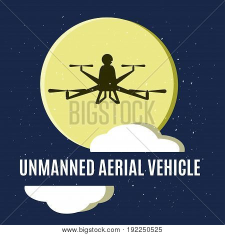 Vector illustration of dark quadrocopter sulhouette on big yellow moon and nignt sky background.  Unmanned aerial vehicle. Concept for air drone sport, advertising, invitation card or blogs.