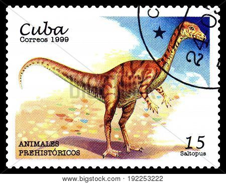 STAVROPOL RUSSIA - June 21 2017: A stamp printed in Cuba shows dinosaur Saltopus Prehistoric circa 1999
