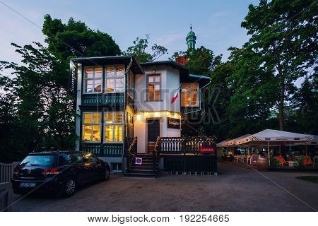 Sopot Poland - June 10 2017: Sempre restaurant on the shore of Baltic sea at night