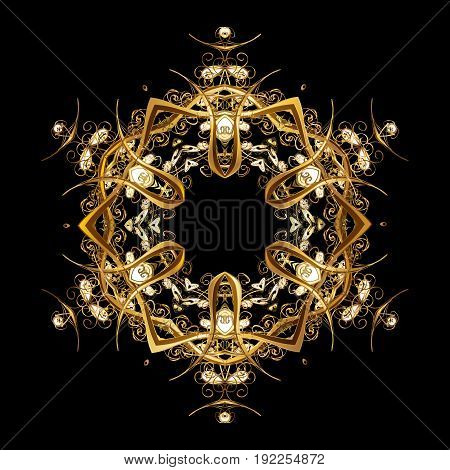 Can be used for textile parer scrapbooking wrapping web and print design. Vector Winter on a black Background with Abstract Gold snowflakes and dots.