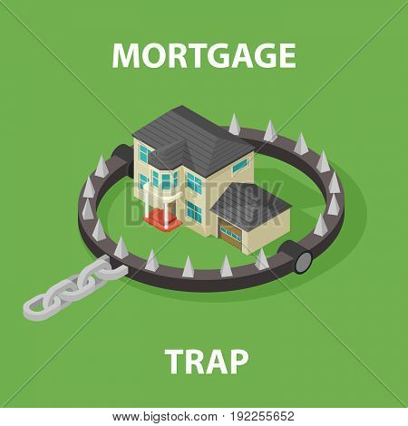 Isometric Mortgage House In Bear Trap. 3D illustration isolated on white background