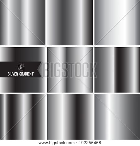 Set of silver foil texture background. Collection grey, chrome  vector elegant gradient. Aluminum industrial pattern design.