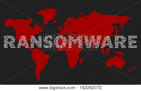 The word ransomware composed of the names of viruses on the background of the red world map. Dark background.