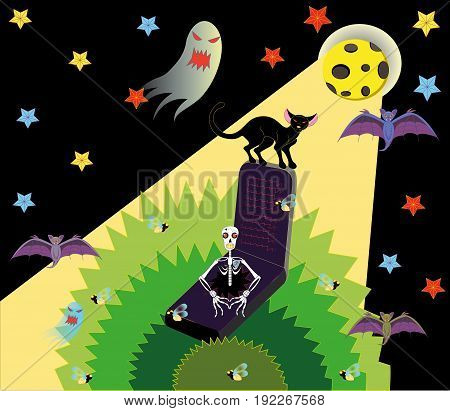 Skeleton in a grave and a black cat on a gravestone