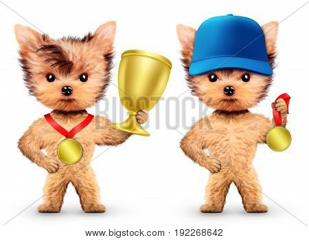 Funny dogs wearing baseball cap and holding gold medal. Concept of sport and fitness. Realistic 3D illustration.
