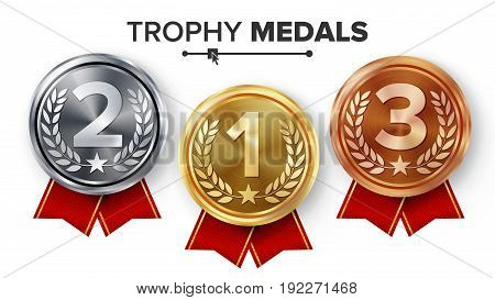 Gold, Silver, Bronze Medals Set Vector. Metal Realistic Badge With First, Second, Third Placement Achievement. Round Label With Red Ribbon. Winner Prize.
