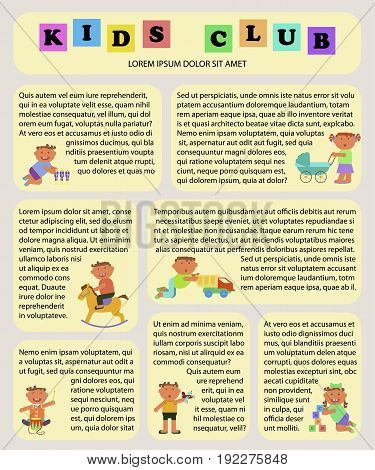 Playground poster for Kids klub, flat illustration of children plays. Place for your text. Funny cartoon character. Vector illustration isolated