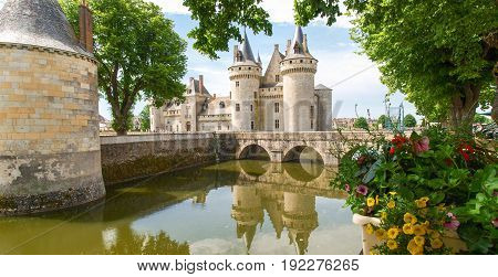 Sully-s-Loire France - June 7 2014:Chateau Sully-s-Loire. View of the Castle from different angles.