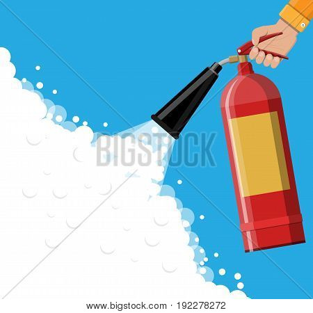 Fire extinguisher in hand with foam. Fire equipment. Vector illustration in flat style