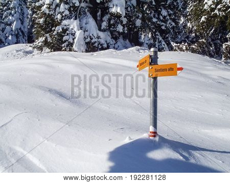 Val Blenio. Signposts On The Path In The Snow