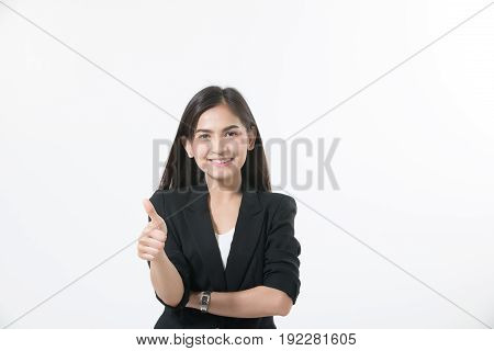 Asian business women are smiling and Thump up hand sign for working happy on white background