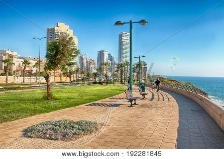 NETANYA, ISRAEL - AUGUST 29, 2015: Modern promenade on Mediterranean sea coast, Netanya, Israel