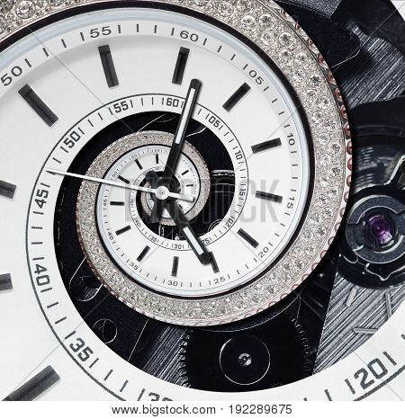 Futuristic modern strass diamond white clock watch abstract fractal surreal spiral. Watch clock unusual abstract texture pattern fractal background. Modern stylish fractal clock Watch clock mechanism