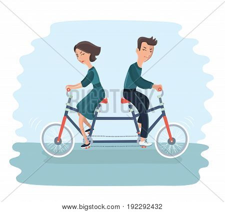 Vector cartoon illustration of young couple. Woman and man ride tandem bycicle in different derections. Concept of disagreement, misunderstanding, separation, the crisis in relationship