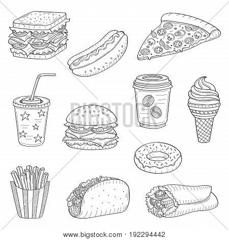 Vector set of fast food hand drawn illustration, with burger, hot dog, sandwich, hamburger, wrap sandwich, soda cup, ice cream, pizza, French fries, donut, coffee cup, taco isolated on white