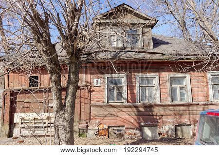 Nizhny Novgorod Russia. - April 10.2017. Old dilapidated private house on Arzamas street 8