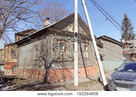 Nizhny Novgorod, Russia. - April 10.2017. Old Dilapidated Private House On Arzamas Street 6.
