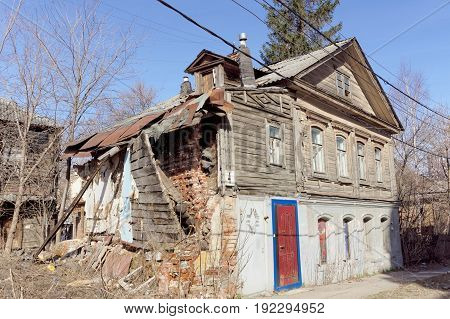 Nizhny Novgorod Russia. - April 10.2017. Old dilapidated private house on Arzamas street 4