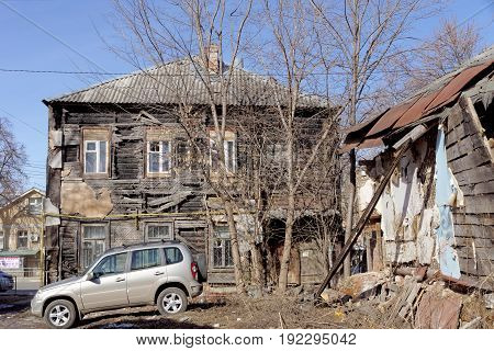 Nizhny Novgorod, Russia. - April 10.2017. Old Dilapidated Private House On Arzamas Street.