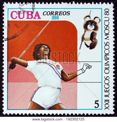 CUBA - CIRCA 1980: a stamp printed in the Cuba shows Javelin 1980 Summer Olympics Moscow circa 1980