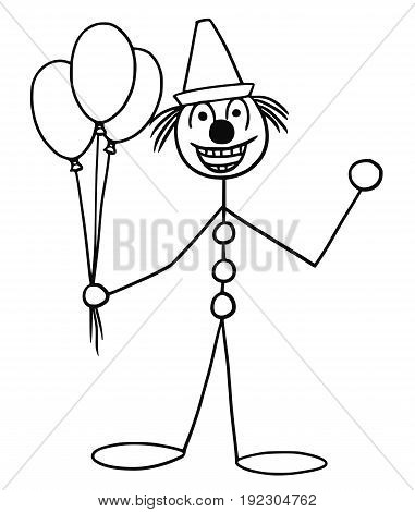 Cartoon vector stickman smiling party or circus clown buffoon with air balloons and cap