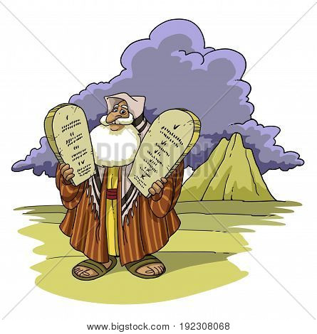 Moses in the desert holds the Ten Commandments