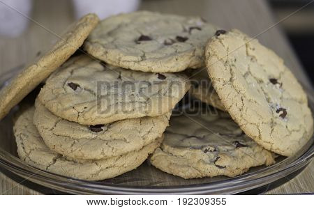 Home made chocolate chips cookies. Close up.
