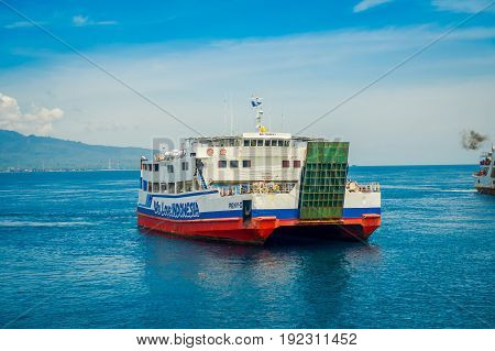 BALI, INDONESIA - APRIL 05, 2017: Ferry in Banyuwangi Gilimanuk in Ubud, Bali Indonesia.