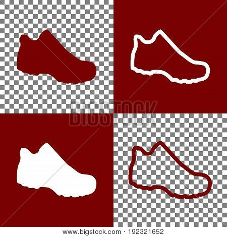 Boot sign. Vector. Bordo and white icons and line icons on chess board with transparent background.