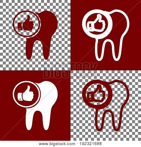 Tooth sign with thumbs up symbol. Vector. Bordo and white icons and line icons on chess board with transparent background.