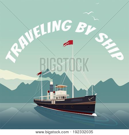 Retro Cruise Ship Sails On The Sea On Clear Day