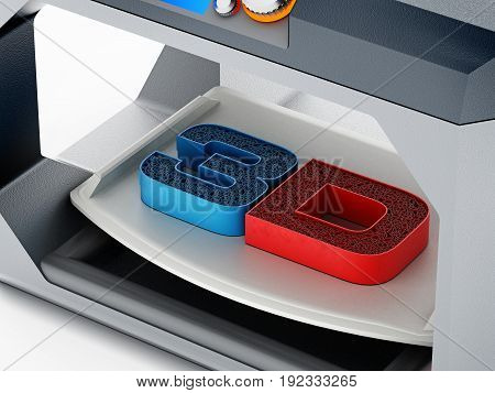 Printed 3D text on 3D printer printing surface . 3D illustration.