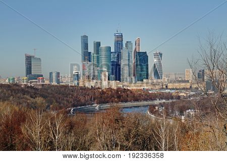 Moscow Russia - February 17 2015: View from the observation deck on the Vorobyovy Gory on the business center 