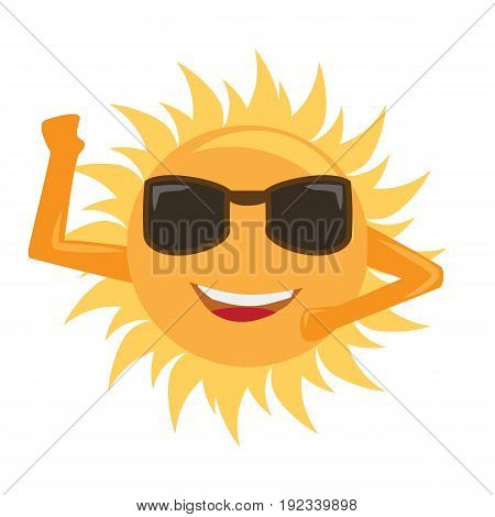 Happy cartoon style sun is smiling with sunglasses and saying hello. Illustrated vector