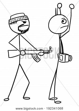 Cartoon vector stickman tourist with camera is kidnapped or attacked by AK gunmen and holding hands up