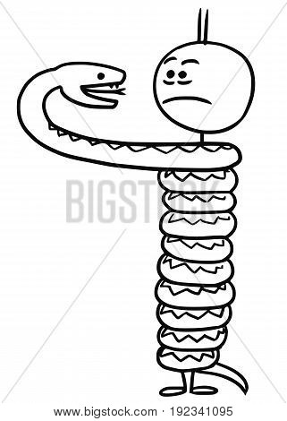 Cartoon vector stickman men completely winded by constrictor snake