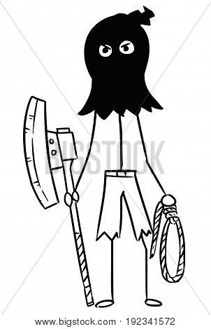 Cartoon vector stickman male executioner hangman in black hood posing with large axe and rope