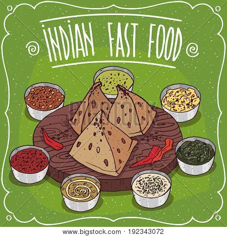 Traditional Indian Fast Food Samosa With Sauces