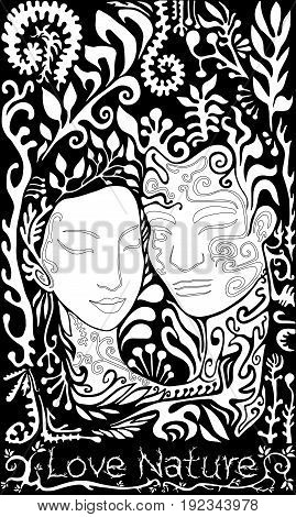 Vector black and white girl and guy on the background of leaves and twigs coloring page