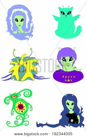 Collection cartoon aliens. Set vector extraterrestrial faces isolated on white background. Alien friend fantastic monster.
